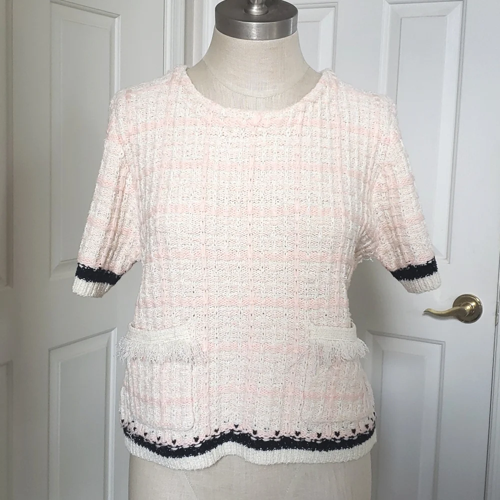 Anthropologie Plaid Tweed Knit Sweater Tee • Fringe Shimmer Pink Cream M - Picture 5 of 12